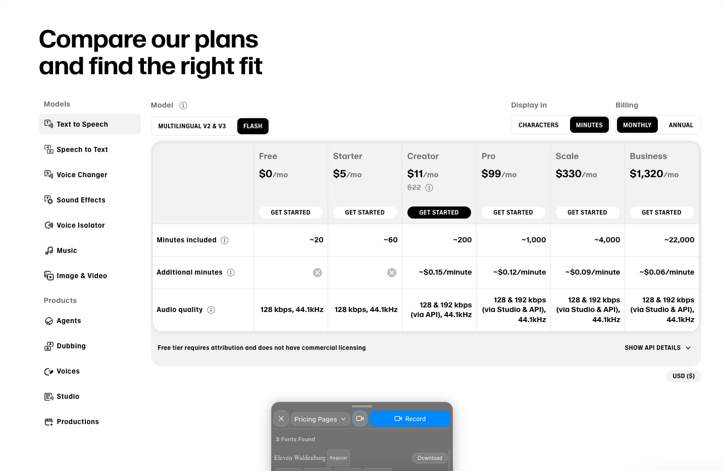 ElevenLabs Pricing for Creators & Businesses of All Sizes captured website design