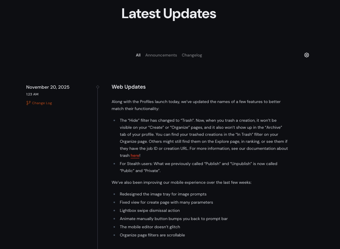 Updates page with a timeline layout showing dated changelog entries, category filter tabs, and a vertical connector line on a dark background. captured website design