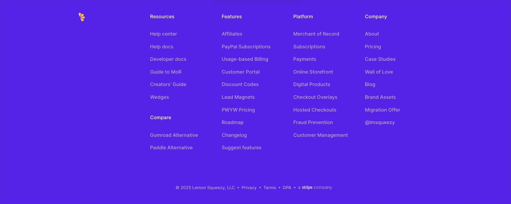 Footer with four-column link grid on purple background, white section headers and muted link text captured website design