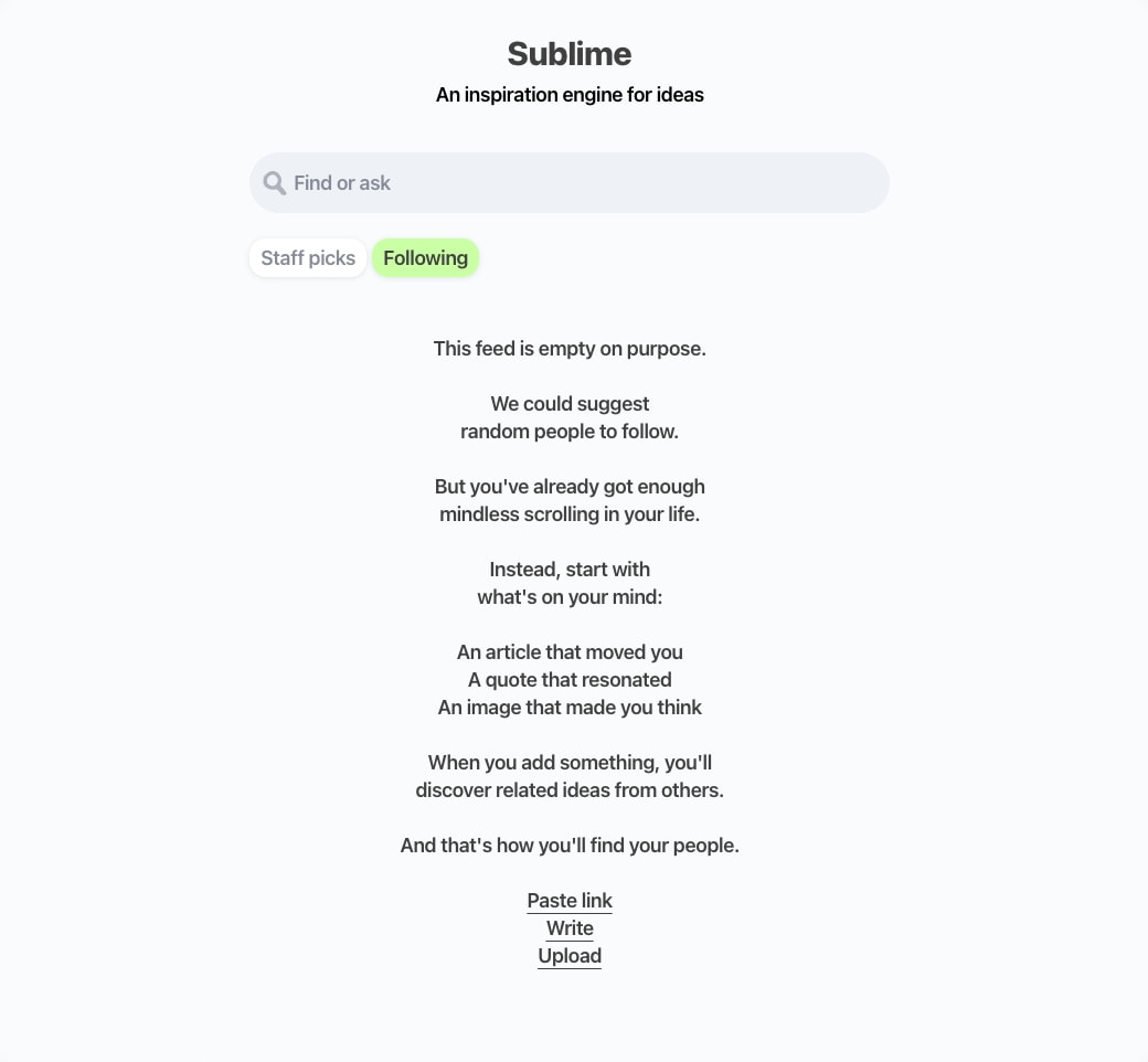 Following feed empty state with centered Sublime branding, search pill, lime-green active tab, and instructional body copy with underlined action links captured website design