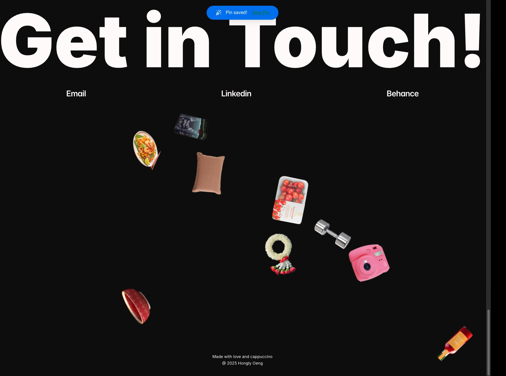 Contact footer section with massive Get in Touch headline, three social links, and floating 3D objects on black captured website design