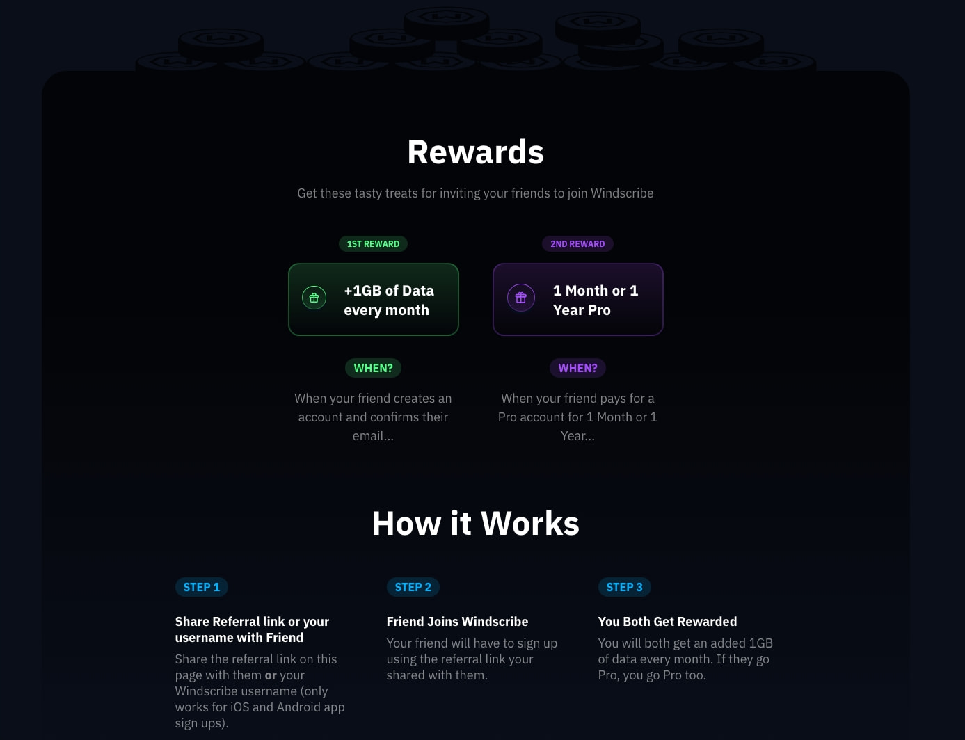 Refer-a-friend rewards page with tiered cards and step-by-step process on dark background captured website design