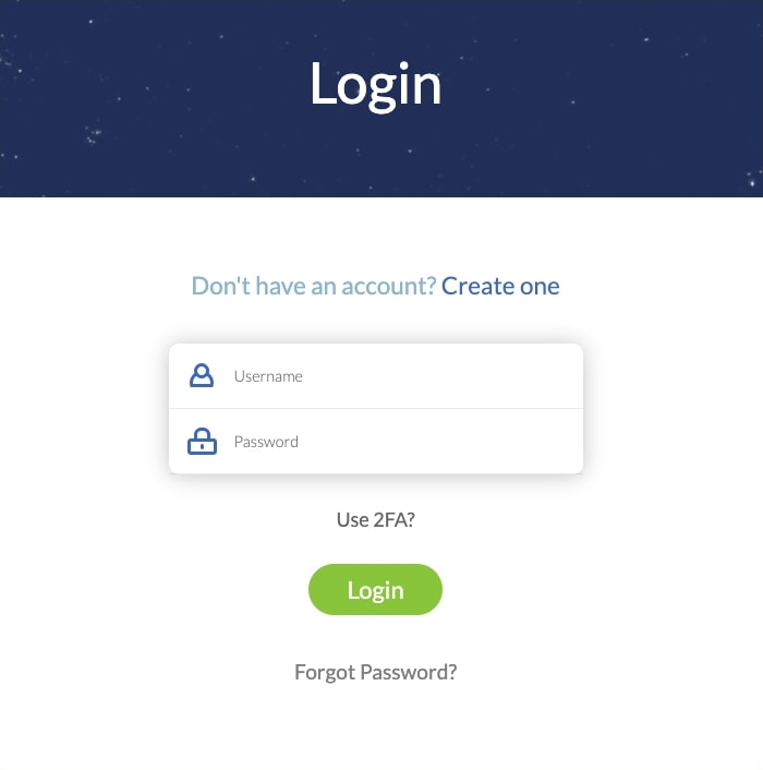 Legacy login page with green pill button on light background and starfield header captured website design