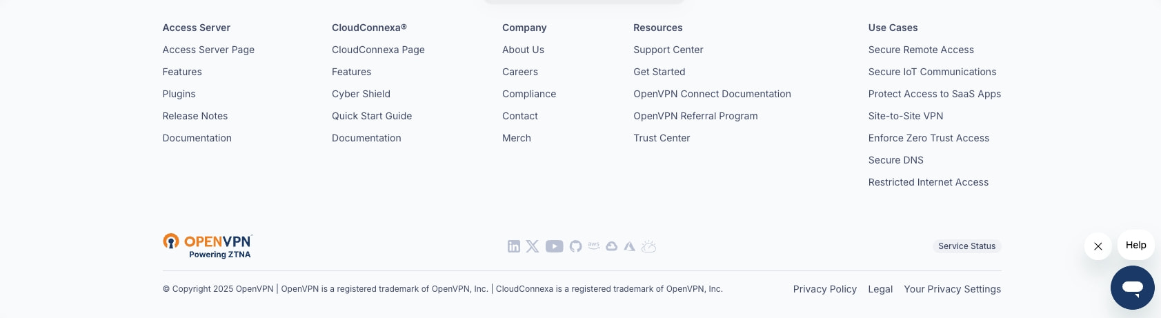 Footer with five-column link grid, OpenVPN logo, social icons, Service Status badge, and copyright legal row captured website design