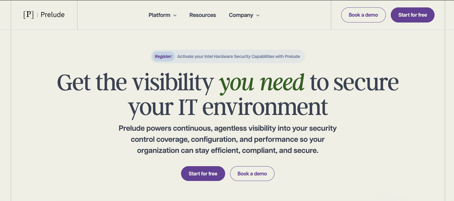 Unparalleled visibility into the state of your IT security posture | Prelude captured website design
