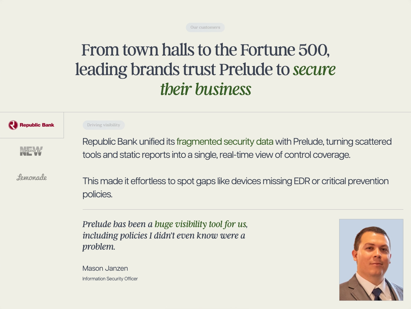 Unparalleled visibility into the state of your IT security posture | Prelude captured website design