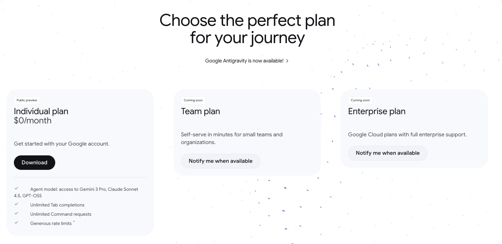 Google Antigravity Pricing captured website design