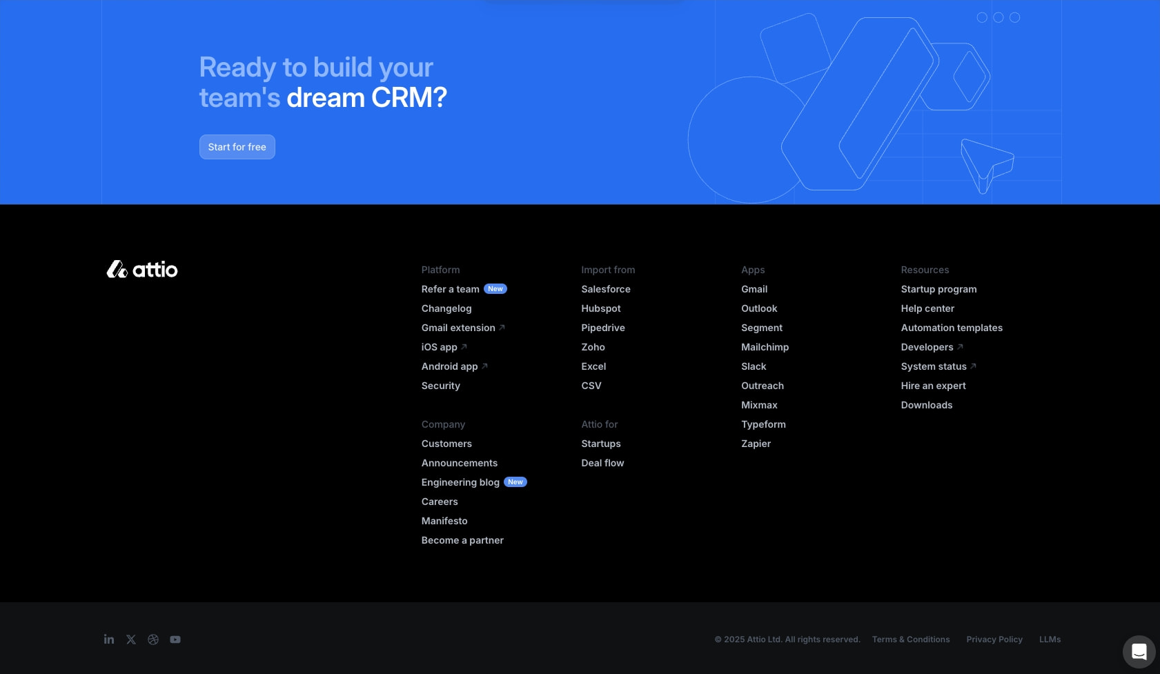 Blue CTA banner with geometric wireframe shapes above a dark footer containing categorized navigation links and social icons. captured website design