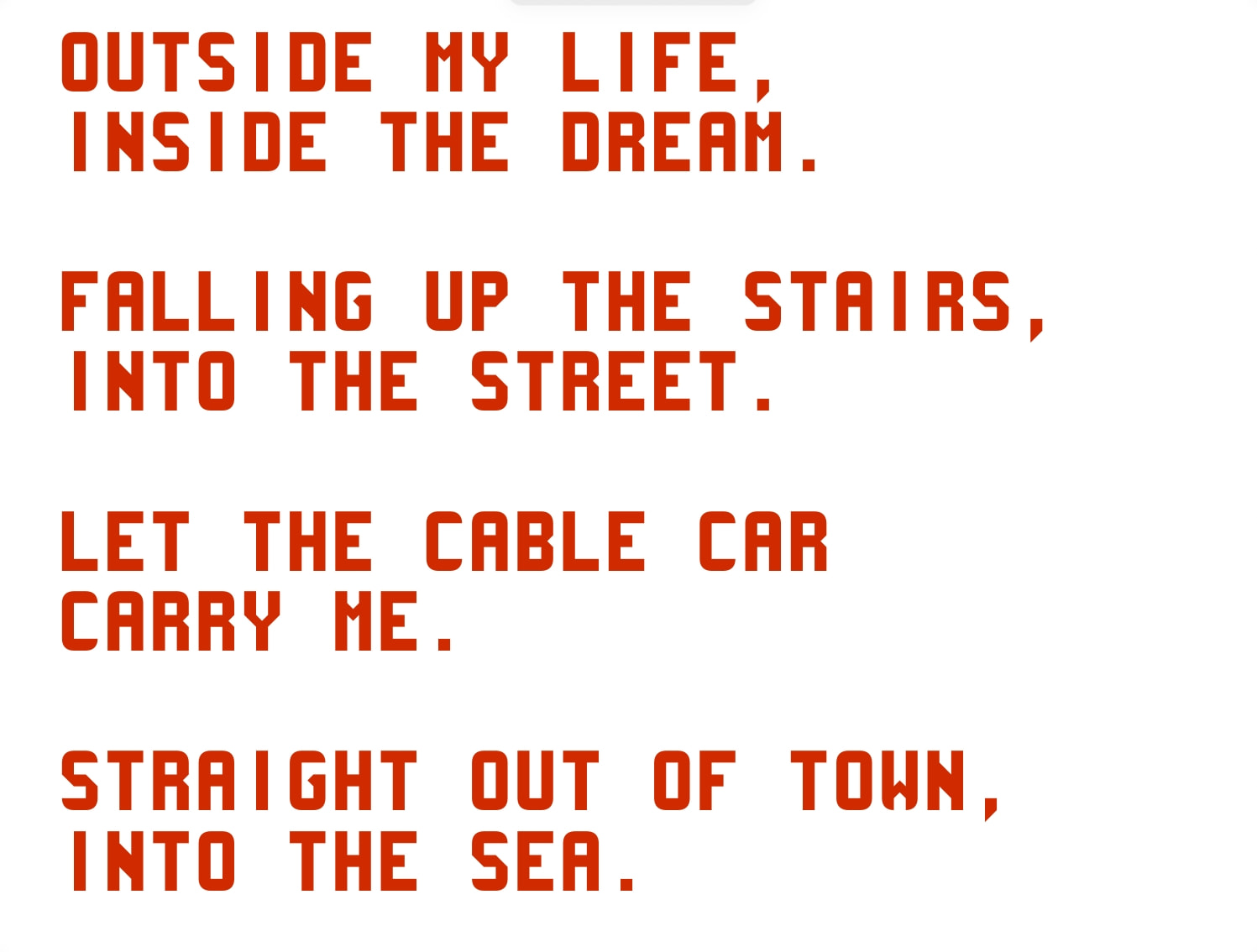 Close-up of essay page header with red-orange geometric sans-serif type showing tight letter-spacing and blocky letterforms captured website design