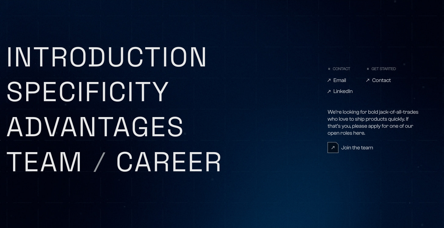 Navigation overlay with large uppercase section links and contact sidebar showing email, LinkedIn, and team recruitment CTA with arrow icon captured website design