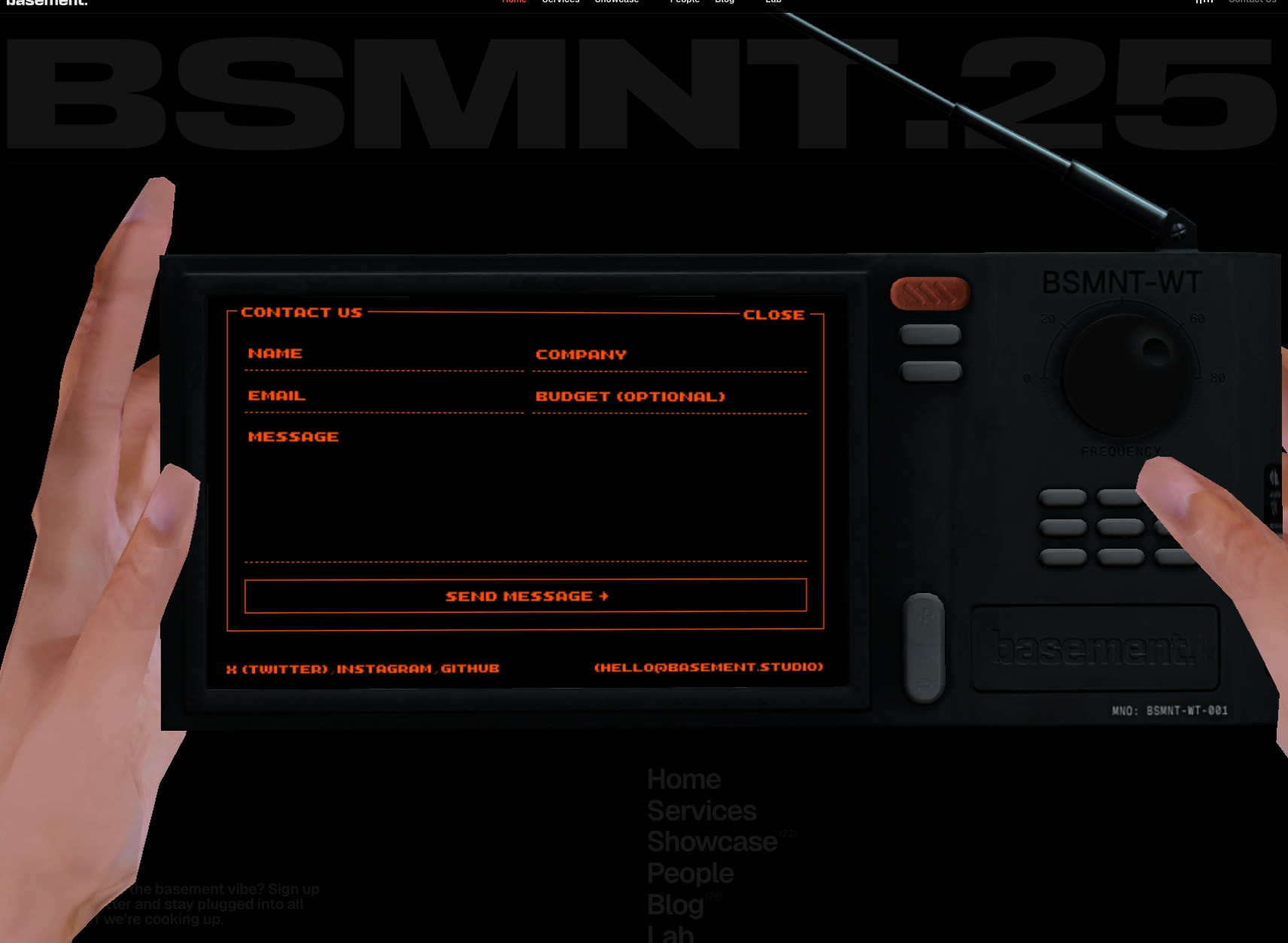 Contact form overlay styled as retro radio device with orange neon text on black screen, hands holding hardware interface captured website design