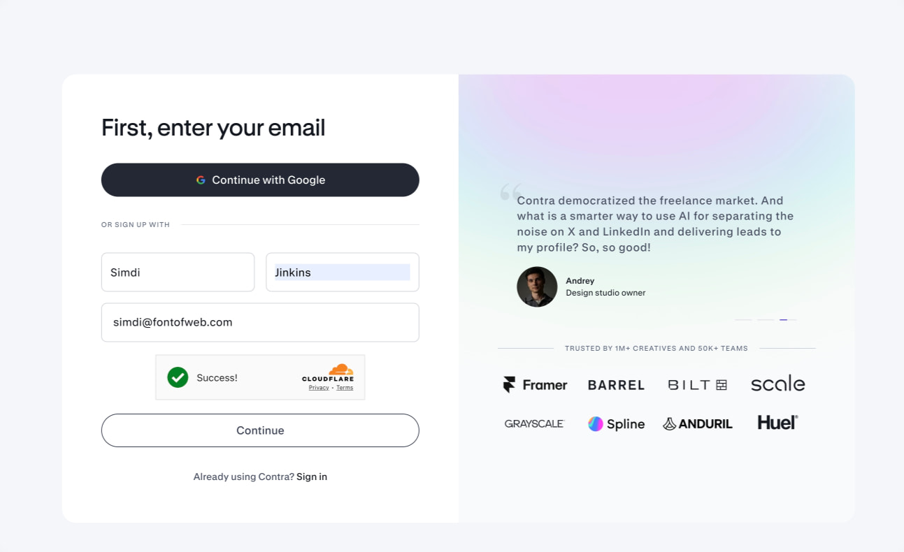 Sign up | Contra captured website design