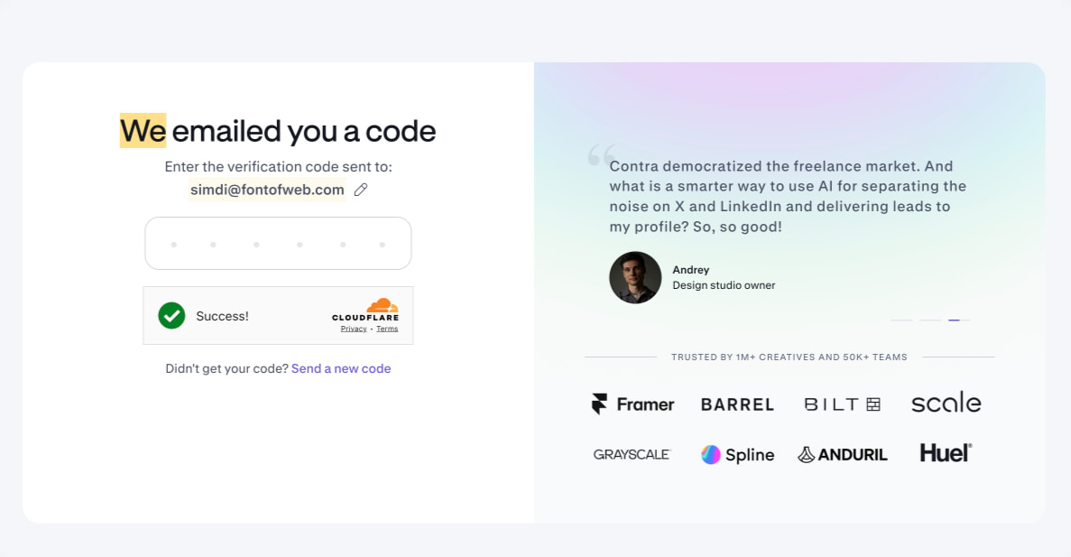 Sign up | Contra captured website design