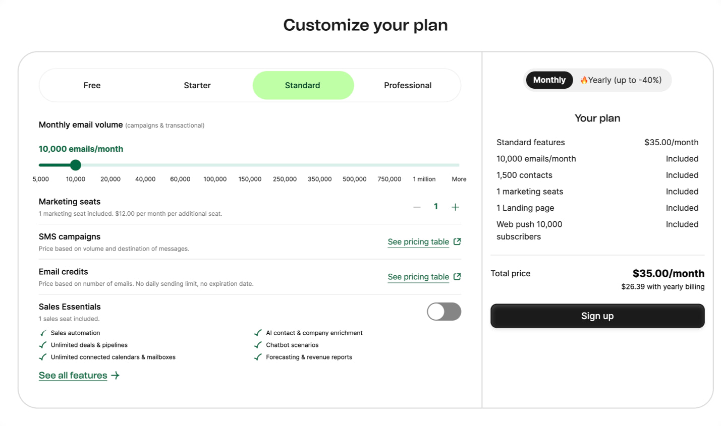 Standard plan customization view with green active tab, slider at 10,000 emails, marketing seats stepper, and sign-up button captured website design