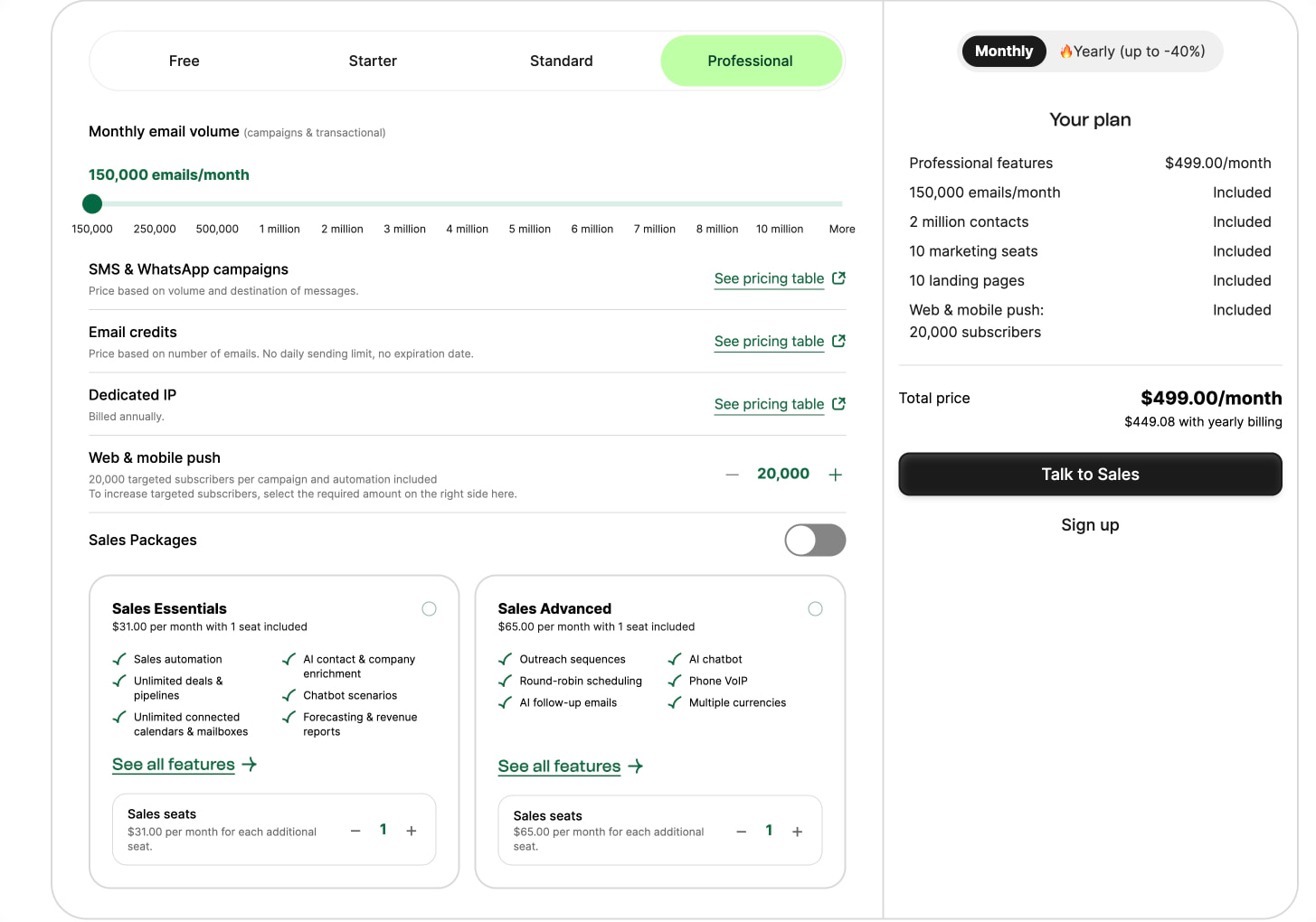 Plan customization interface with horizontal tier tabs, email volume slider, sales package cards, and right-side summary panel captured website design