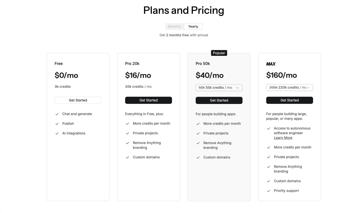 Pricing card grid with Popular badge, monthly-yearly toggle, and feature checklists with outlined cards captured website design