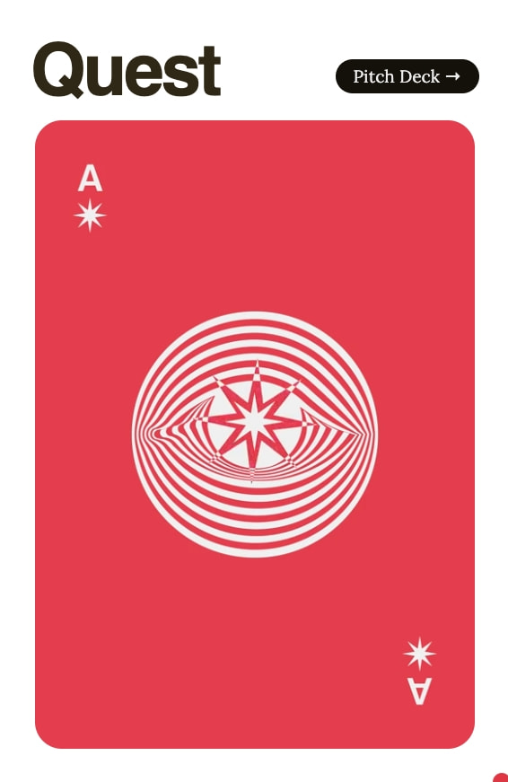 Quest project card with vivid red background, white geometric star illustration, and pill-shaped category tag with arrow captured website design
