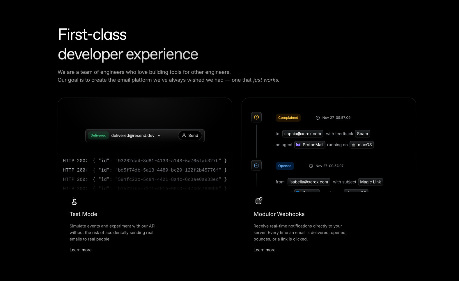 Resend · Email for developers captured website design