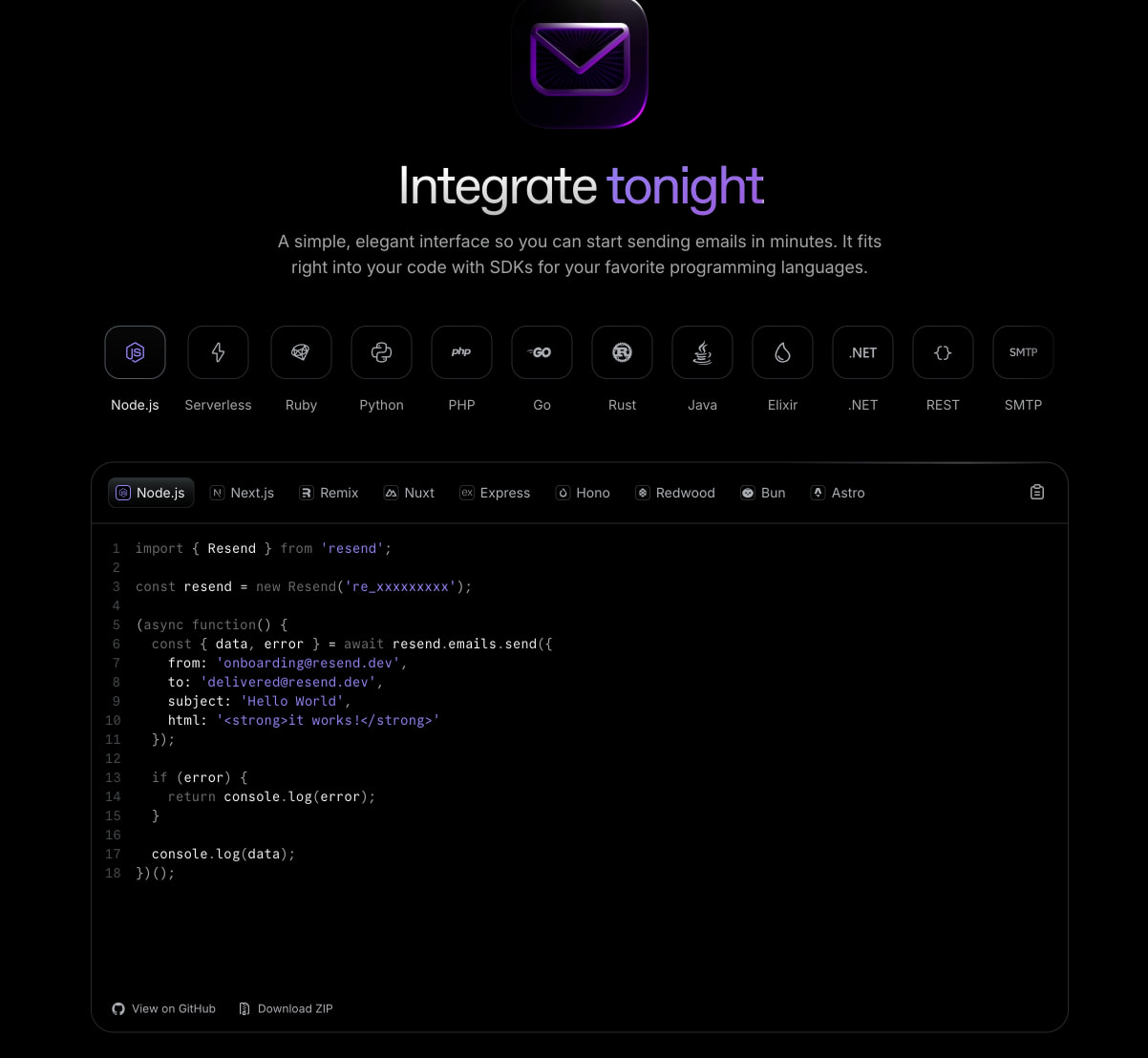 Resend · Email for developers captured website design