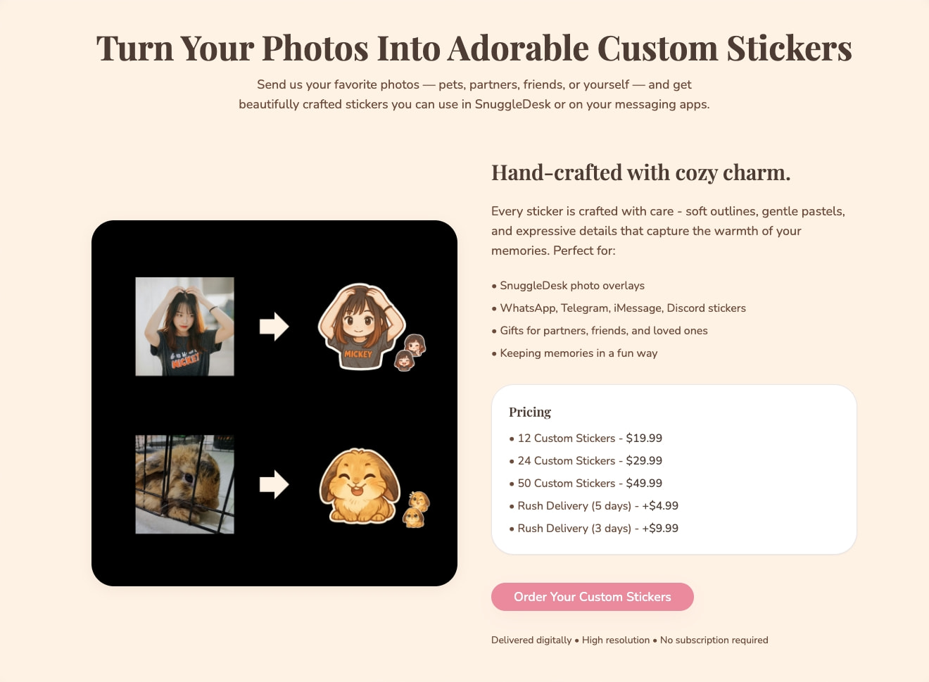 Custom stickers service section with black device mockup, before-and-after photo transformations, and pricing card captured website design