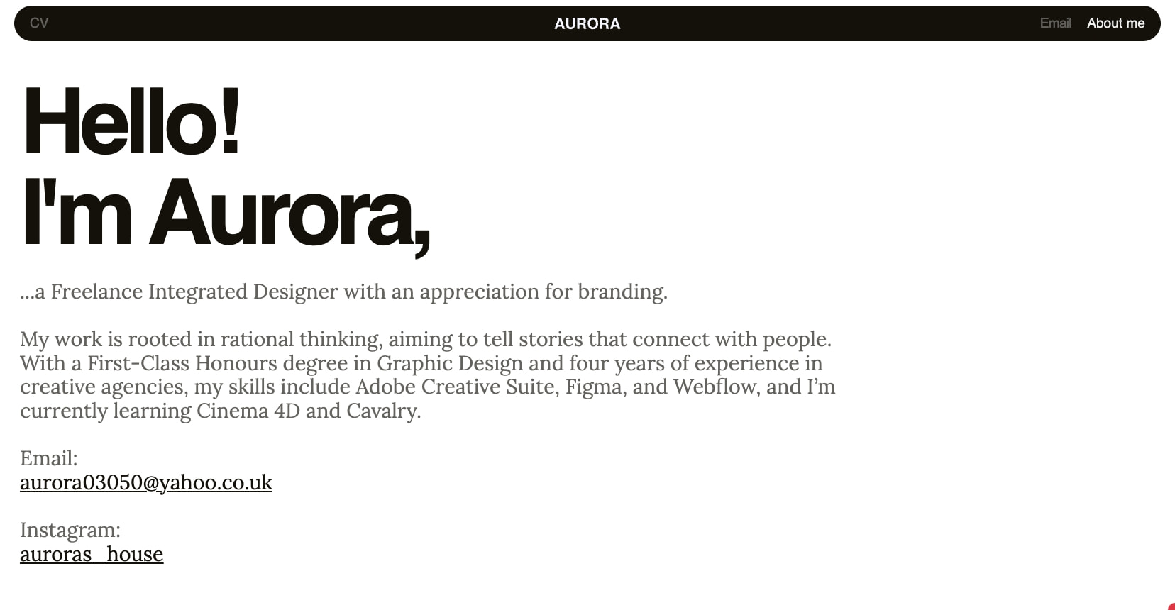 About Me page with bold Helvetica hero heading, Lora body text, and pill-shaped dark navigation bar on white canvas captured website design