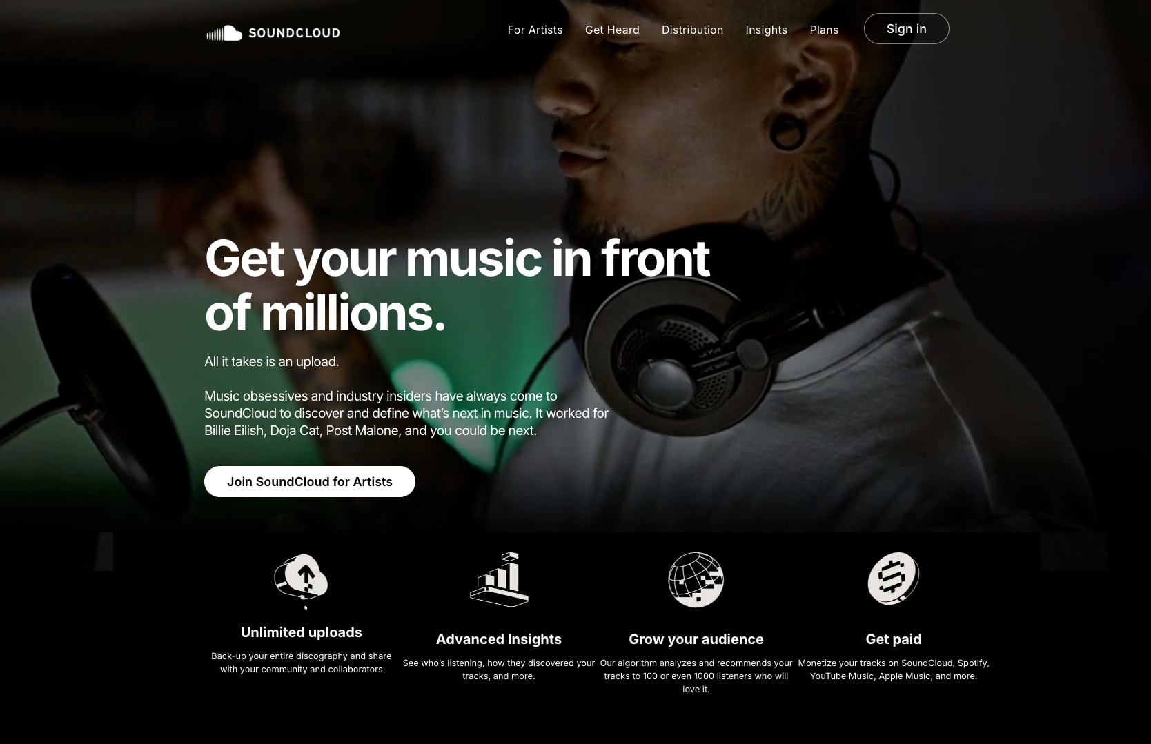 SoundCloud for Artists captured website design