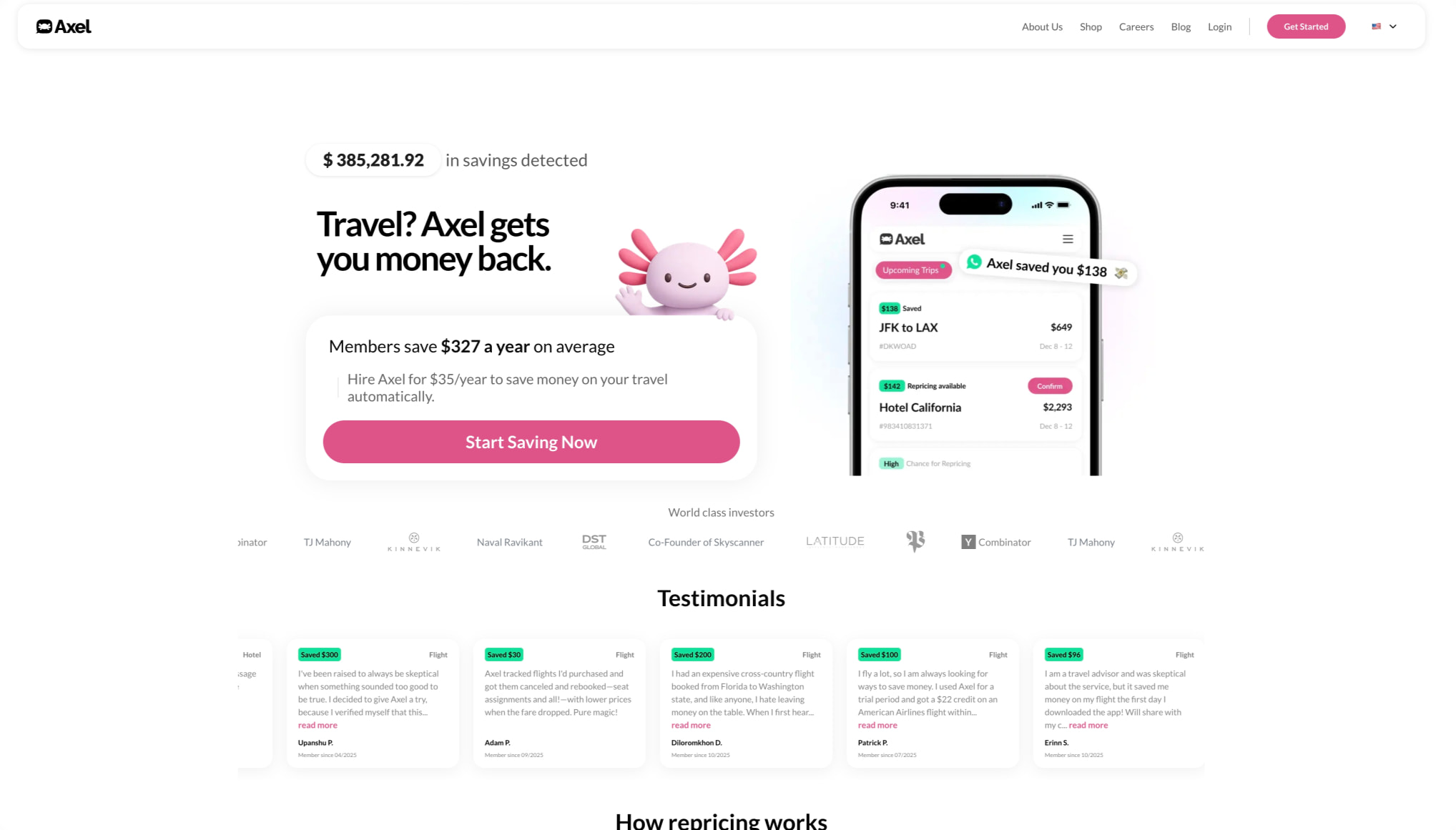 Hero section with pink axolotl mascot, savings counter, phone mockup, and investor logo bar on white background captured website design