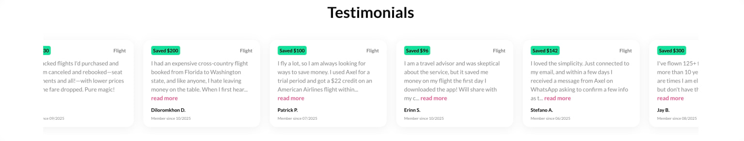 Testimonials carousel with green savings badges, pink read-more links, and member attribution cards on white background captured website design