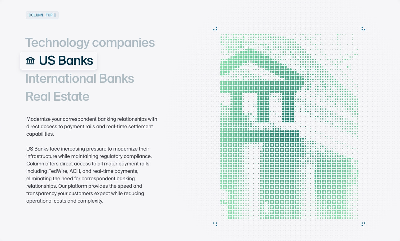 Industry selector with vertical tab list and green halftone bank illustration on dotted background captured website design