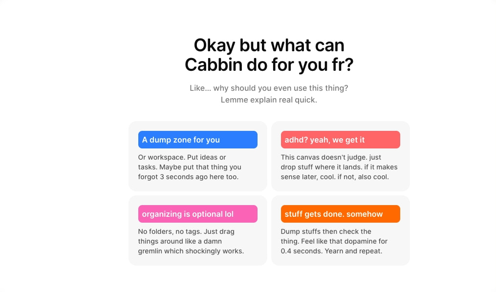 Feature grid with four colorful pill badges in blue, coral, pink, and orange on light cards captured website design