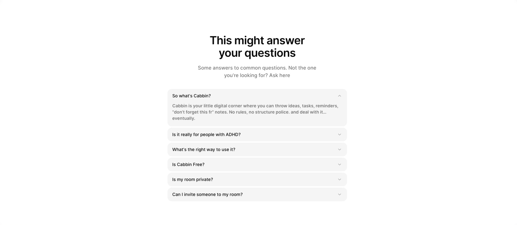 FAQ accordion section with rounded gray items and chevron expand icons captured website design