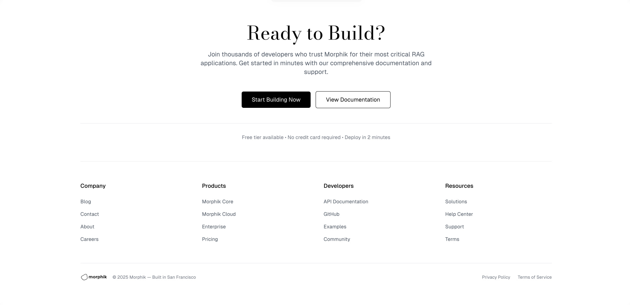 Footer CTA section with large serif display heading, paired buttons, and four-column link grid with logo mark captured website design