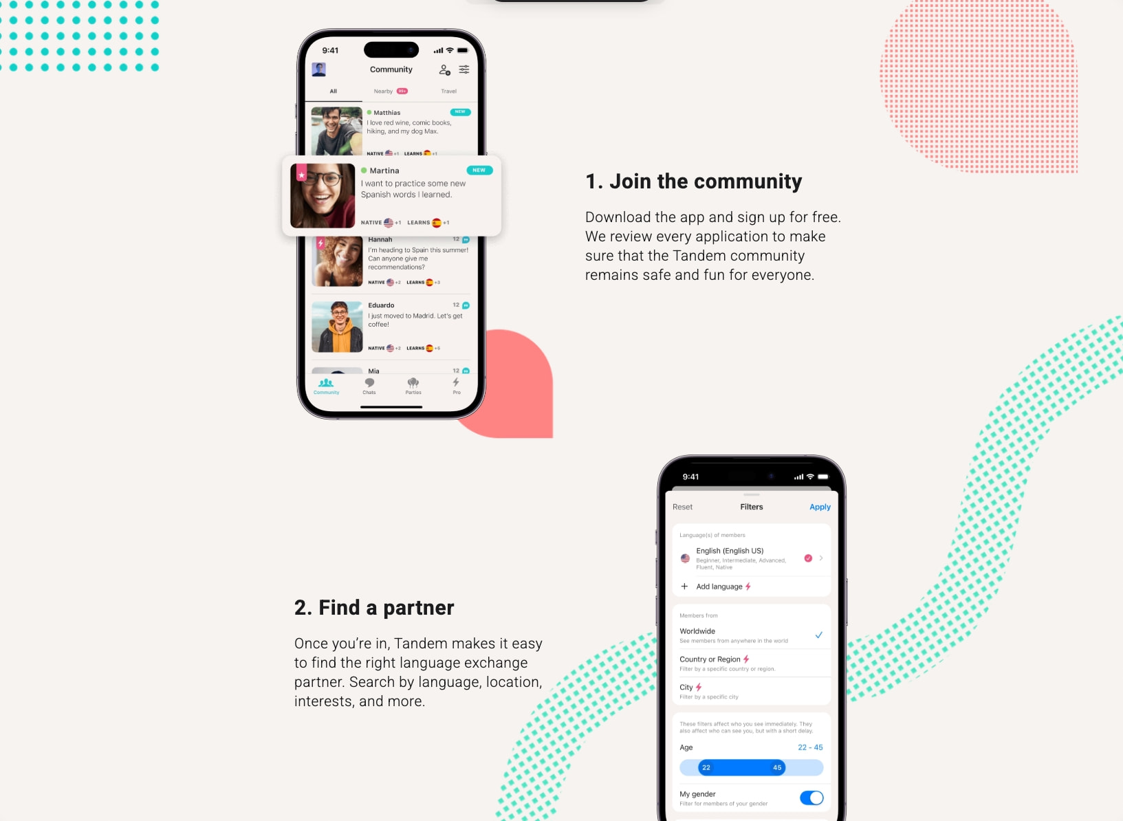 Two-step onboarding explanation with stacked phone mockups, community profiles, filter screens, and playful mint and coral geometric decorations. captured website design