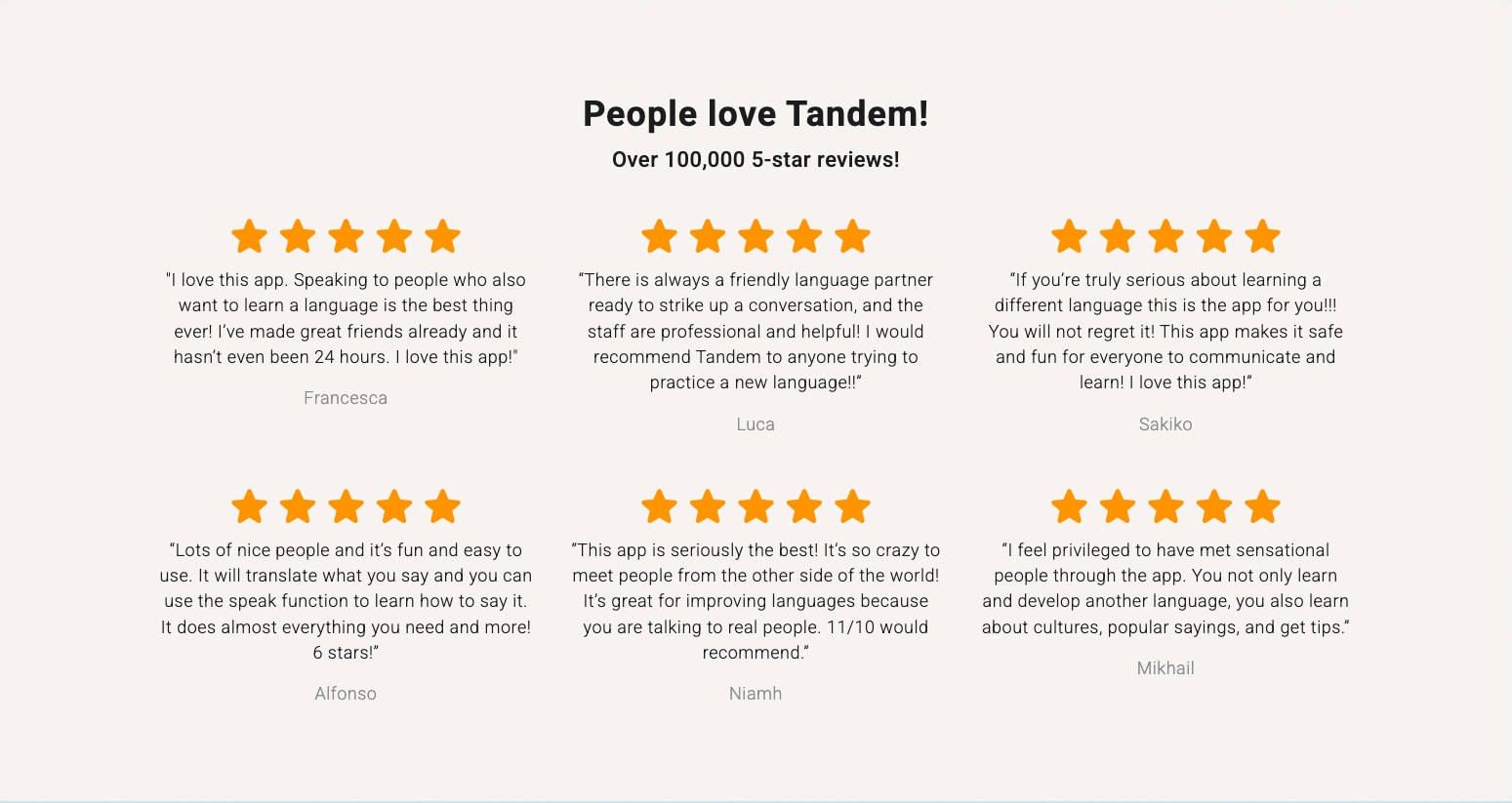 Warm off-white testimonials section with six user reviews, orange star ratings, and centered dark text in a three-column grid. captured website design