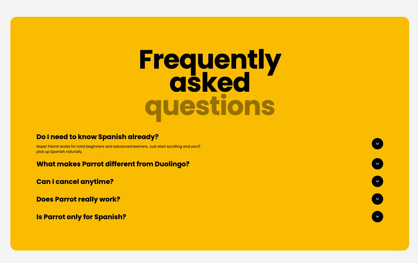 FAQ accordion section with vibrant yellow background, black typography, and circular chevron buttons captured website design