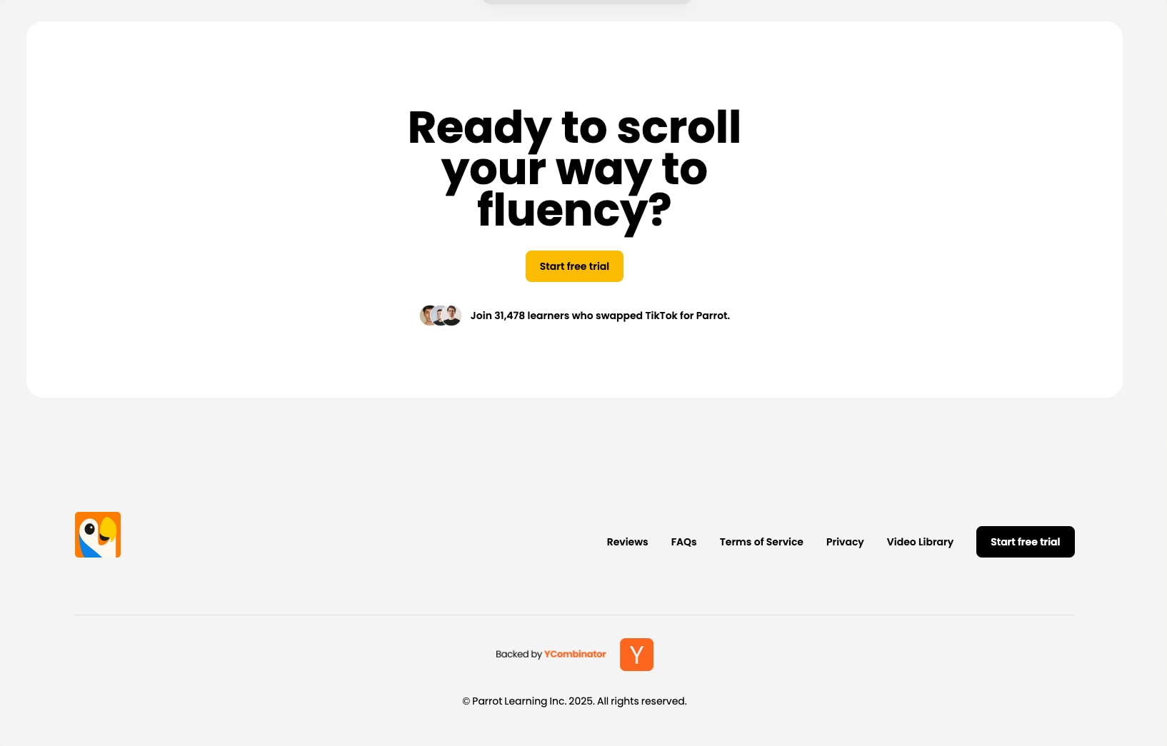 Footer and final call-to-action section with rounded white panel, yellow button, and Parrot logo on light gray background captured website design