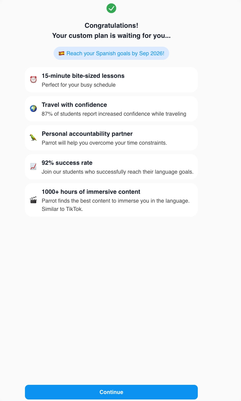 Onboarding completion screen with green checkmark, feature benefit cards, and blue Continue button captured website design