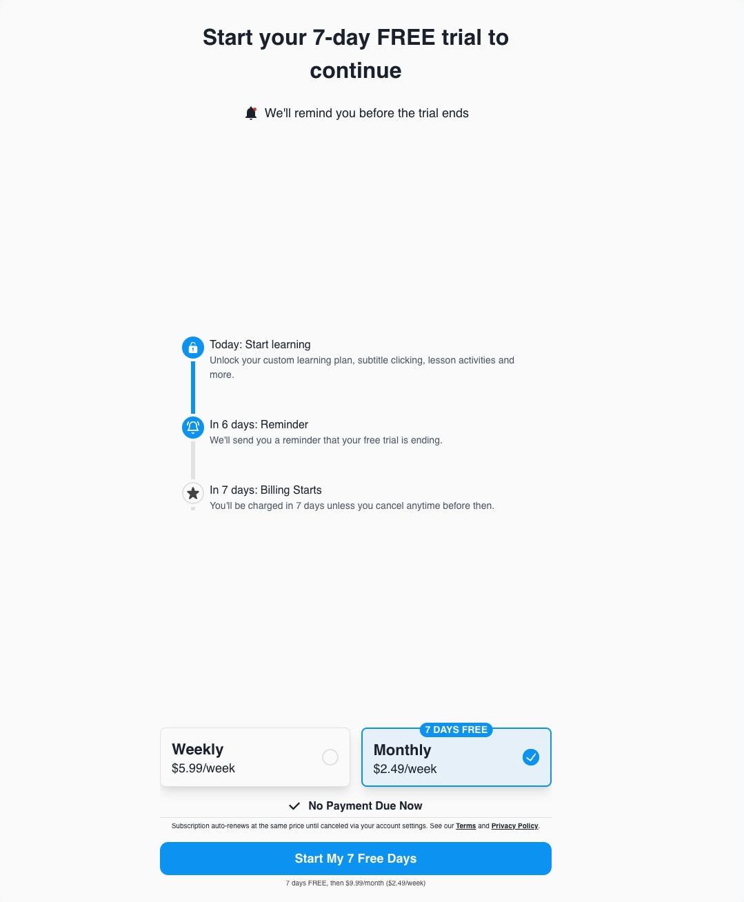 Premium trial page with timeline showing learning milestones and selectable Weekly versus Monthly pricing cards captured website design