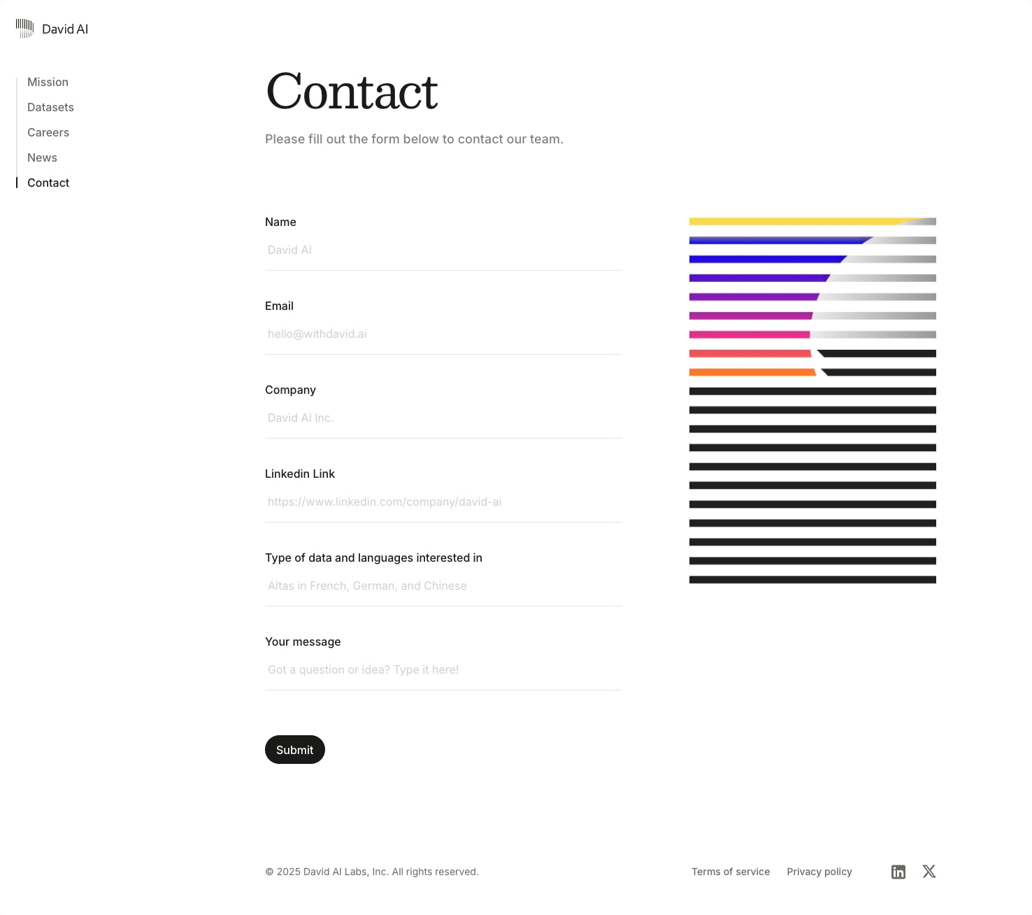 Contact page with left sidebar, stacked form fields with light placeholders, dark submit pill button, and colorful striped illustration on the right captured website design