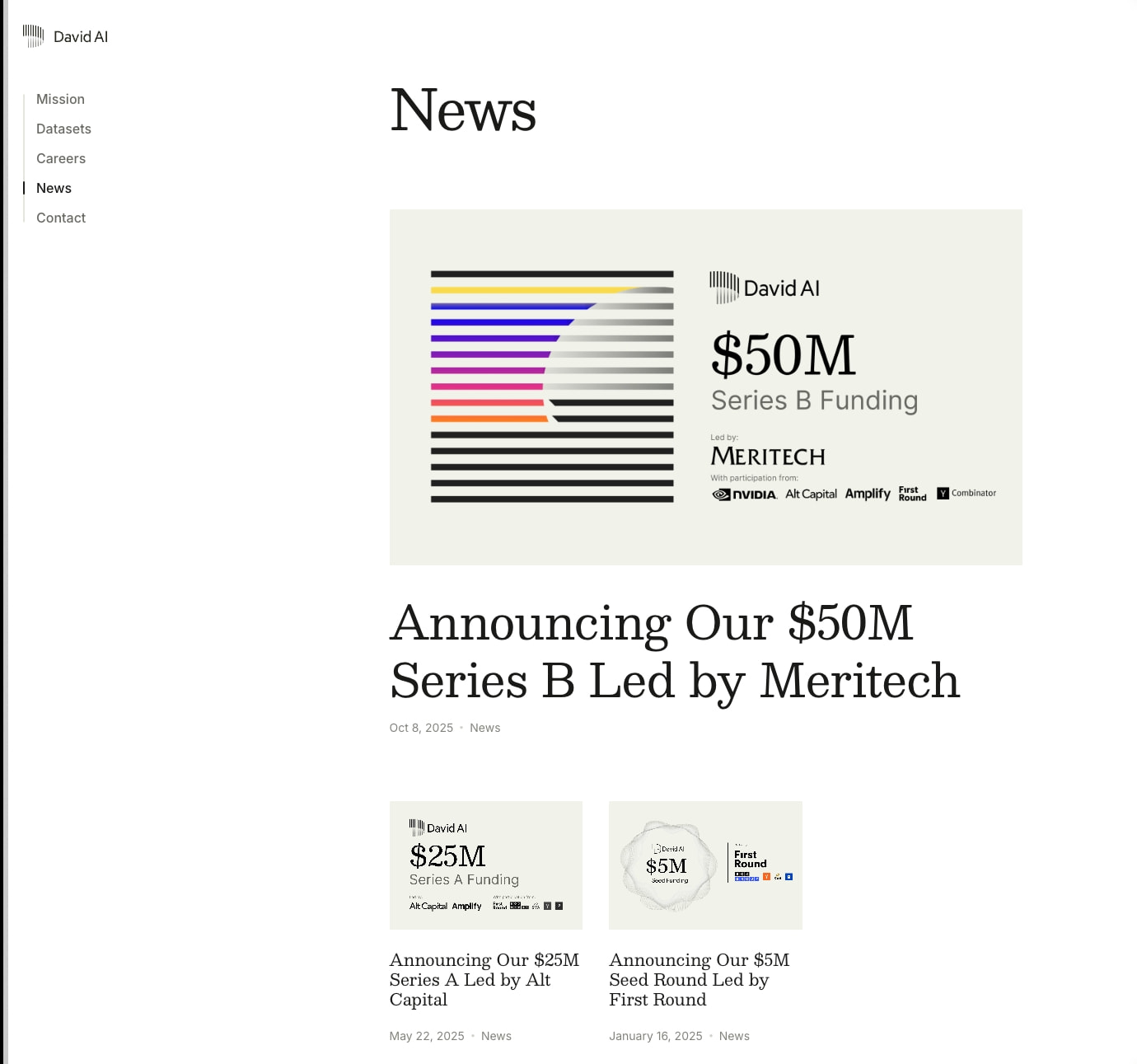 News page with left sidebar navigation, large serif page title, and funding announcement cards with colorful bar graphics on warm off-white background captured website design