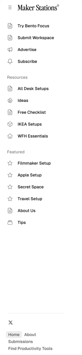 Mobile navigation drawer with hamburger trigger, Maker Stations wordmark, categorized menu links with icons, and footer links with Home pill button captured website design