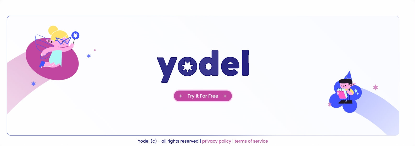 Hero banner with centered Yodel logotype, pink CTA button, and whimsical fairy illustrations on curved color fields captured website design