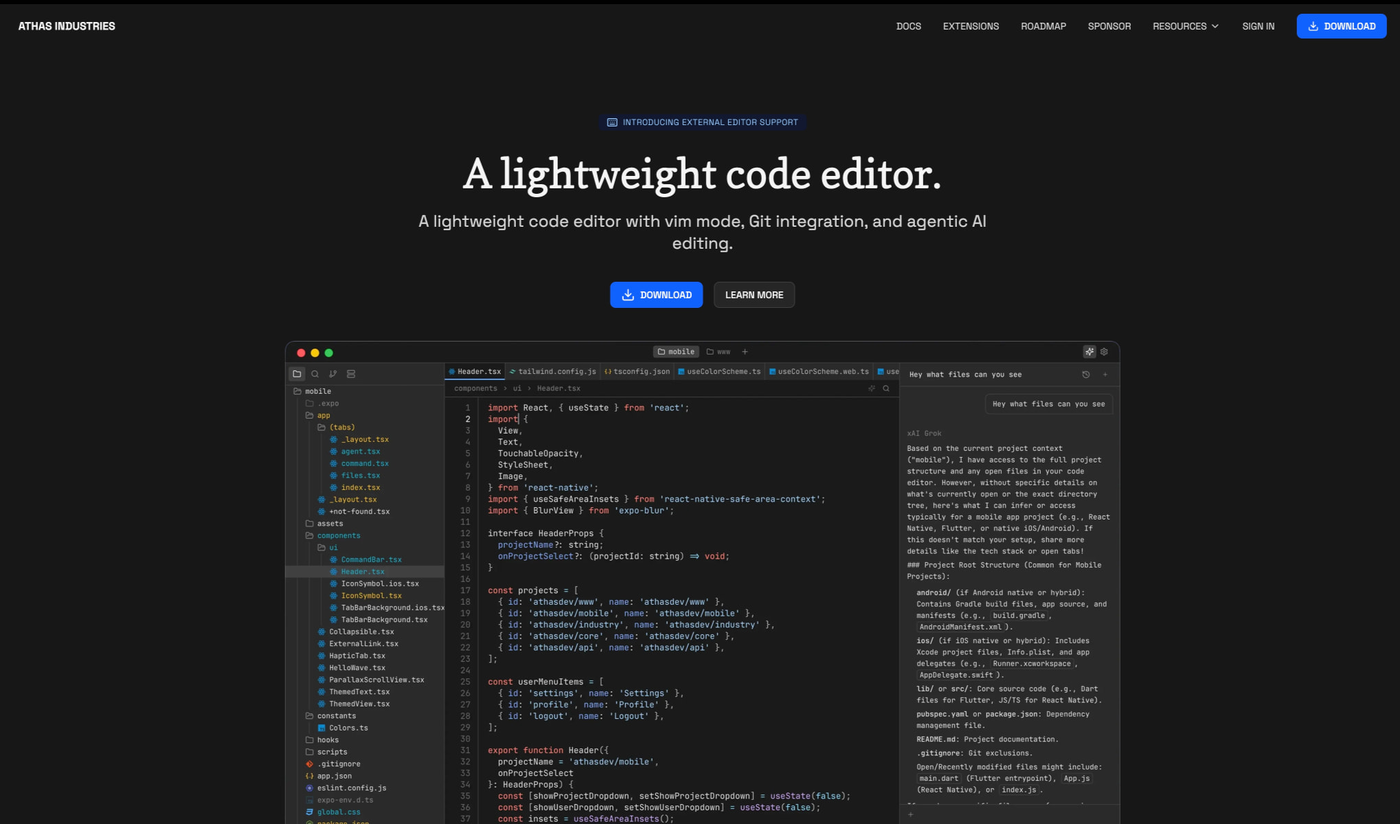 Athas Industries - A lightweight code editor captured website design