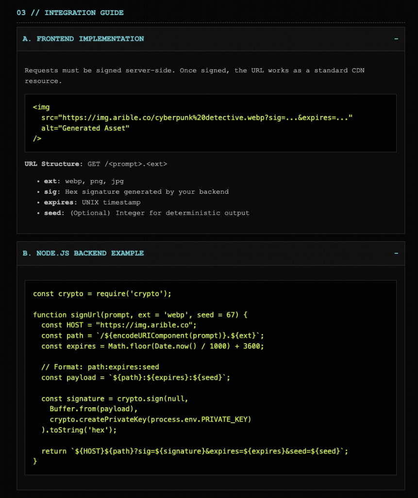 Integration guide with expandable accordion sections showing frontend img tag example and Node.js backend code block with syntax highlighting captured website design