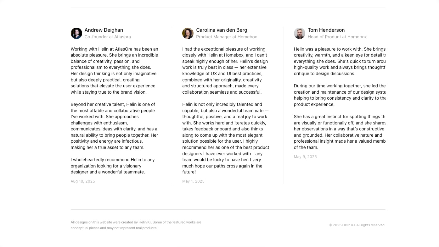 Testimonials section with three columns of peer recommendations, avatar photos, names, titles, and date stamps with horizontal dividers captured website design