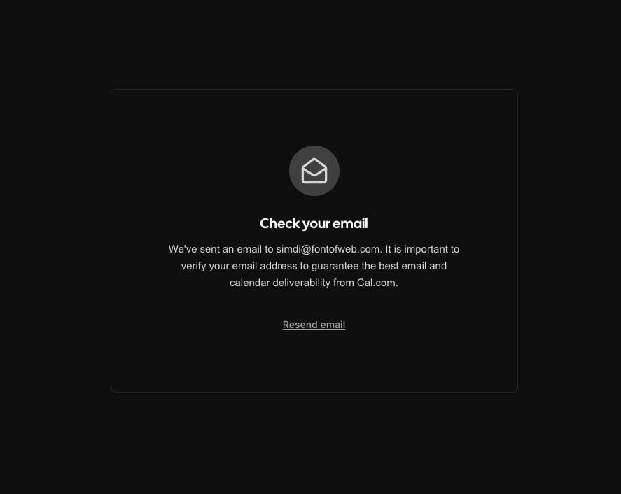 Centered email verification card with envelope icon on dark background and resend link captured website design