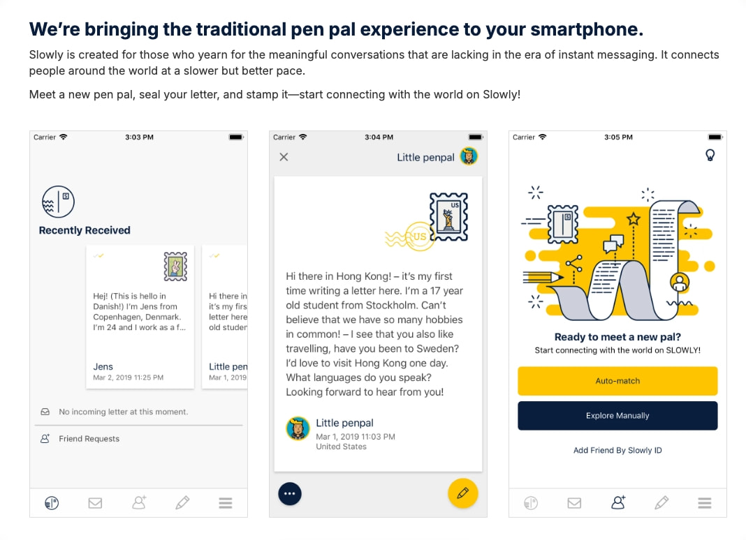 Slowly - Penpal Reimagined captured website design