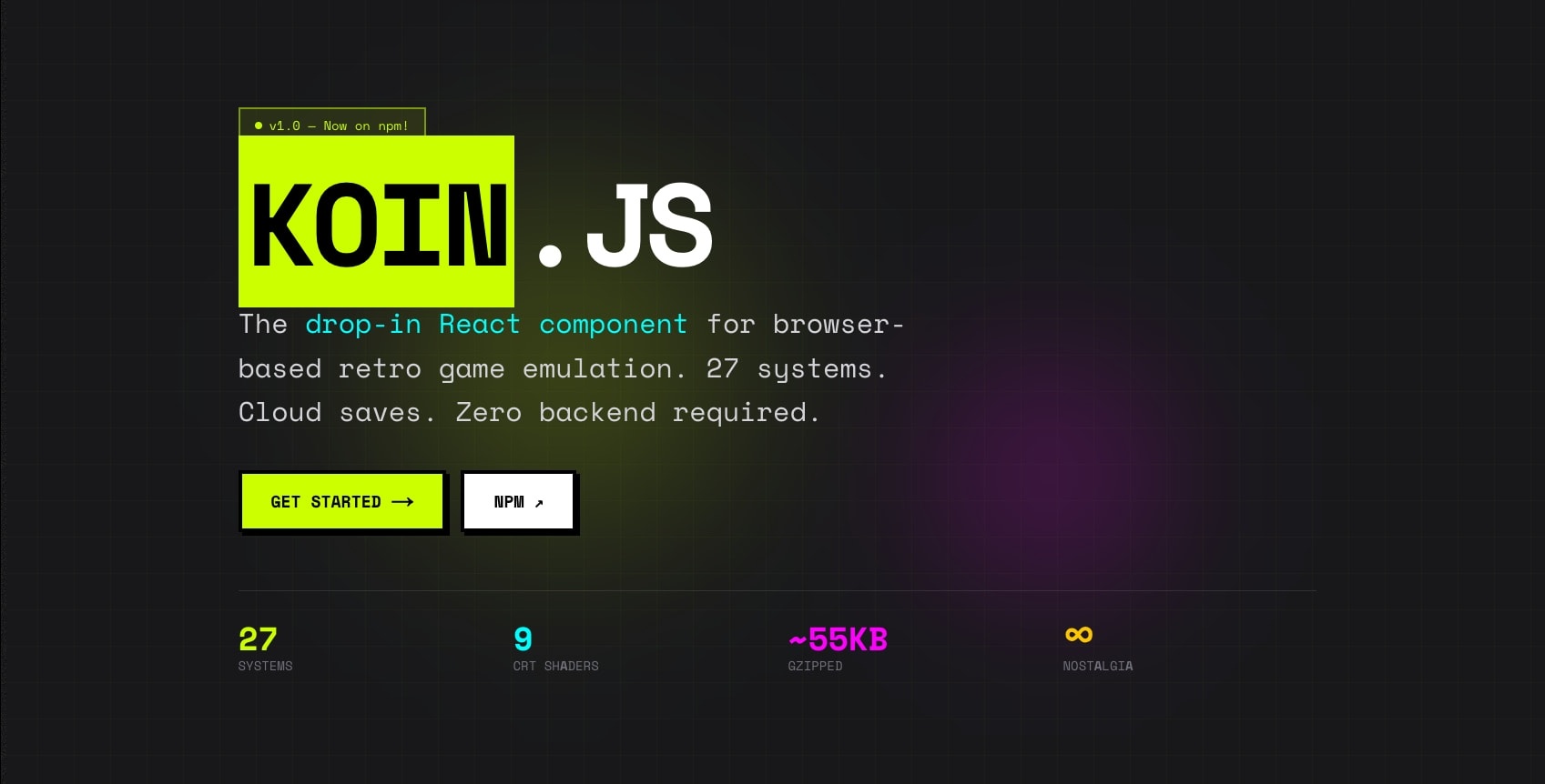 koin.js — Browser Retro Game Emulation for React captured website design