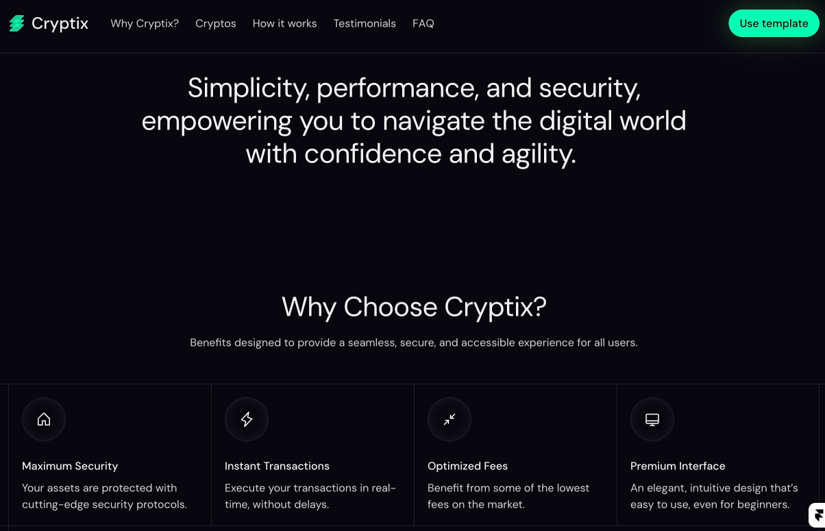 Complete landing page view showing hero typography, Why Choose Cryptix section heading, and feature cards with shield, lightning, arrows, and monitor icons in circular frames captured website design