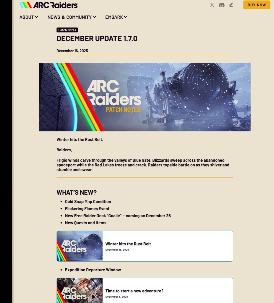 December Update 1.7.0 | ARC Raiders captured website design